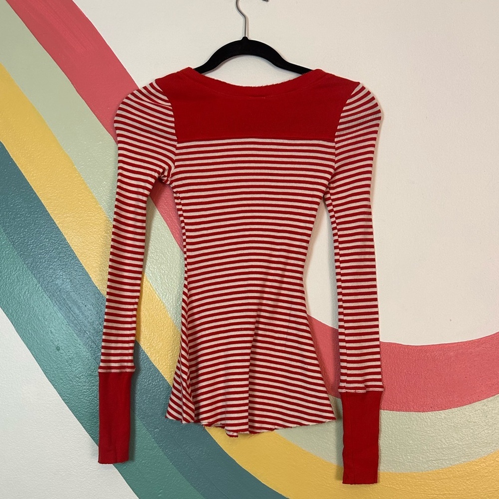 Free People Raw Hem Red and White Stripe Fit and Flare Cuffed Long Sleeve Top - Picture 2 of 6